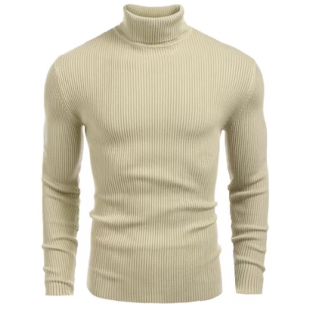 Coofandy Mens Ribbed Slim Fit Turtle Neck Sweater XXL Acrylic Beige Career